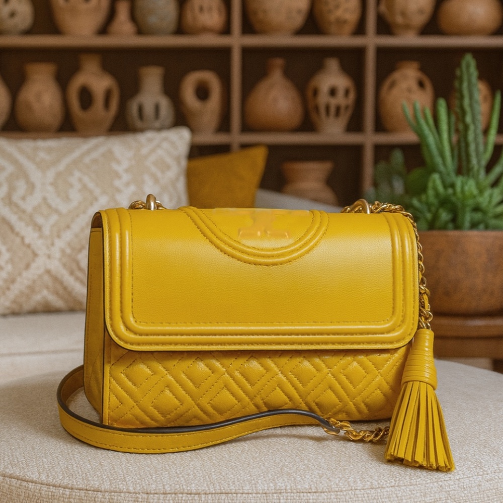 Tory Burch Fleming Yellow Leather Small Convertible Shoulder Bag/Crossbody Bag
